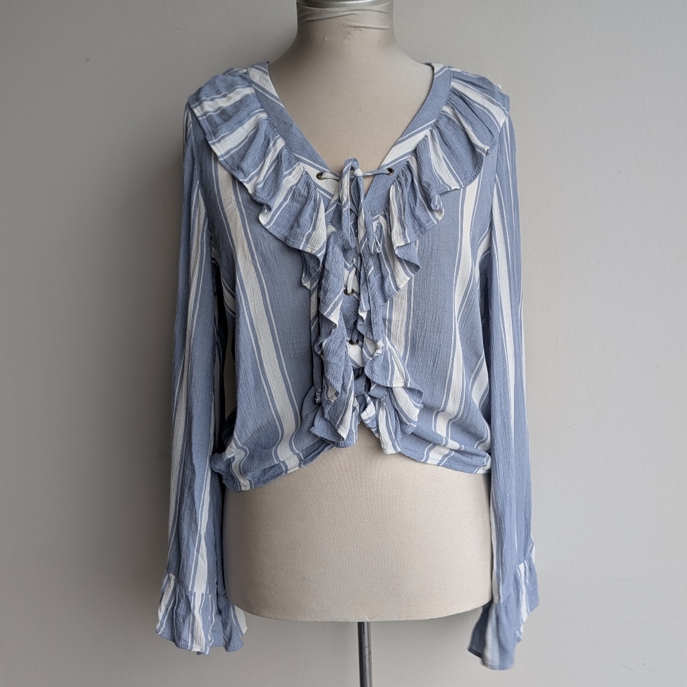 American Eagle Blue Striped Ruffle Lace Up Blouse